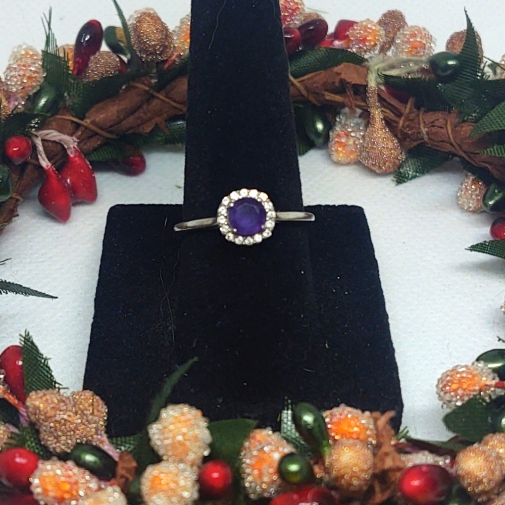 Amethyst-CZ Halo Ring